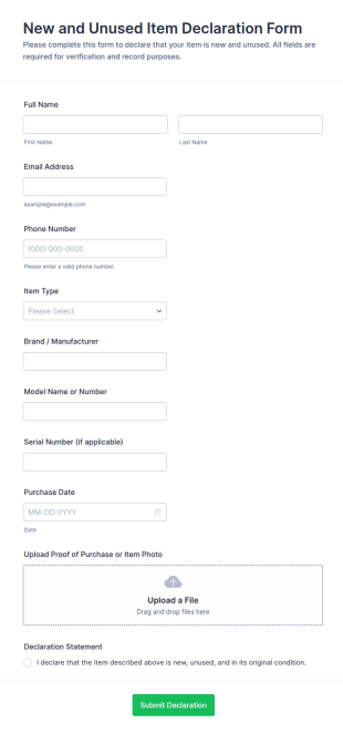 New And Unused Item Declaration Form Template
