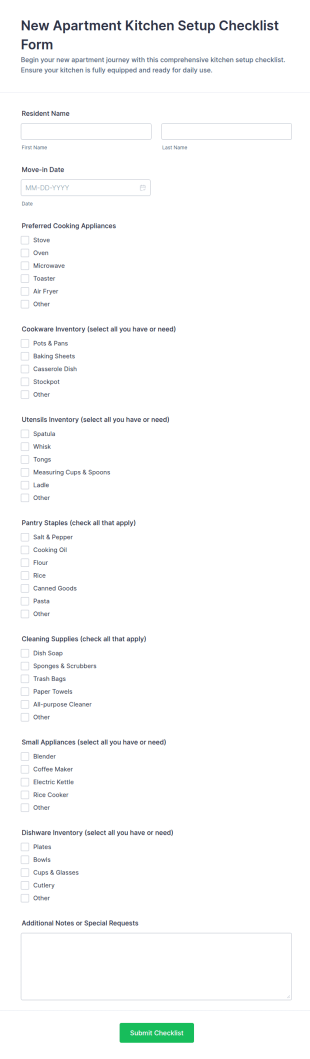 New Apartment Kitchen Setup Checklist Form Template