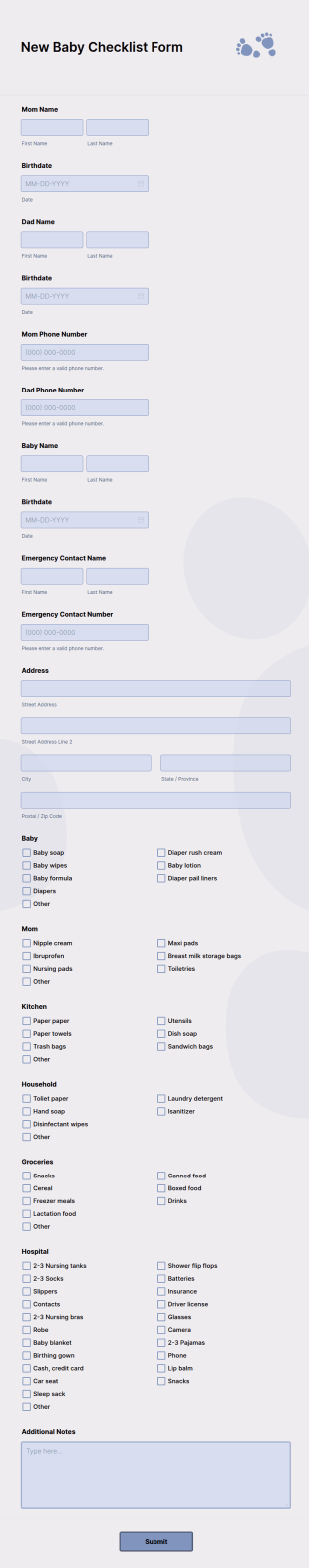 New Baby Checklist Form Template