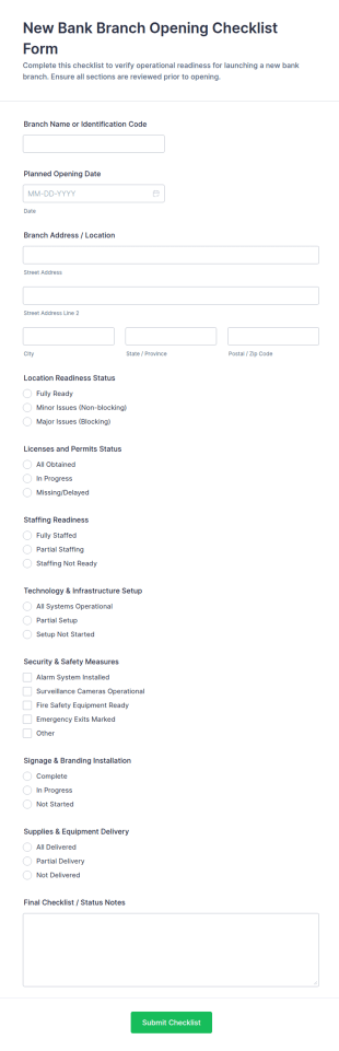 New Bank Branch Opening Checklist Form Template