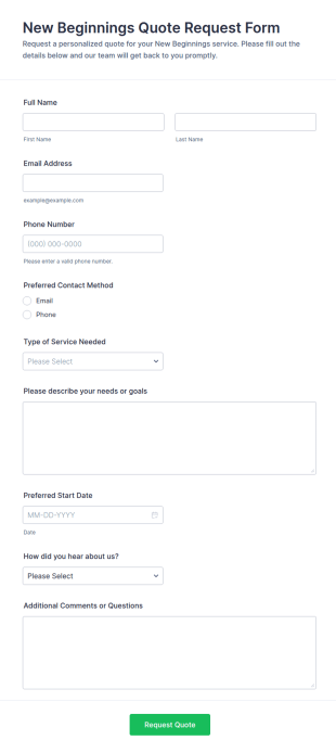 New Beginnings Quote Request Form Template