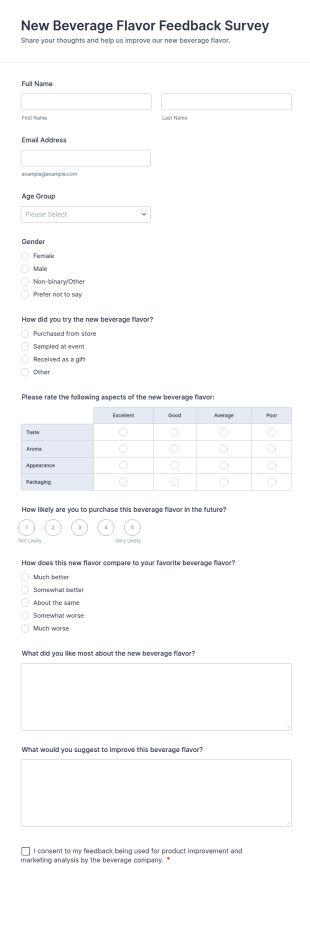 New Beverage Flavor Feedback Survey Form Template