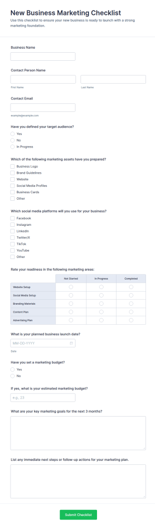 New Business Marketing Checklist Form Template