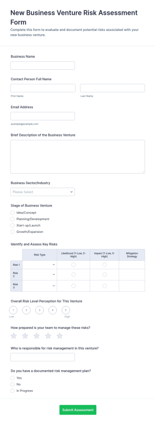 New Business Venture Risk Assessment Form Template