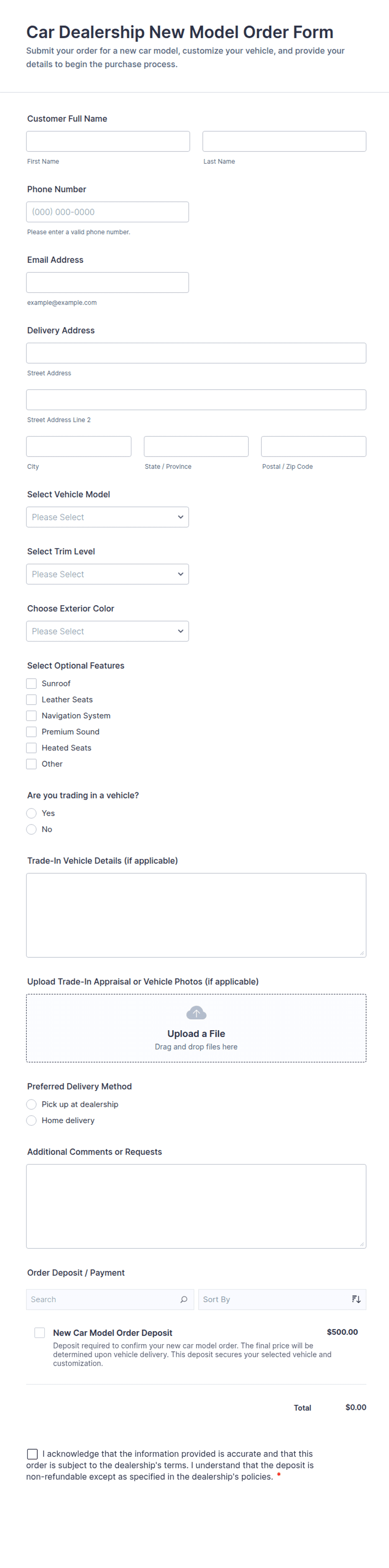 New Car Model Order Form Template | Jotform