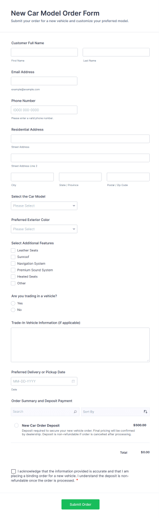 New Car Model Order Form Template