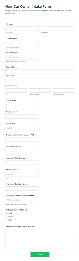 New Car Owner Intake Form Template