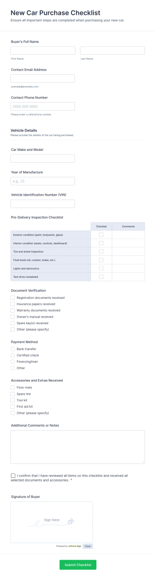New Car Purchase Checklist Form Template