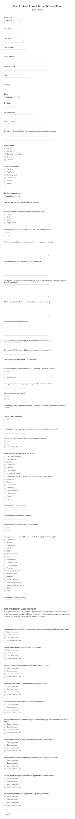 New Client Intake Form Terms &amp Conditions
