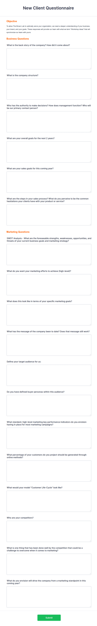 New Client Questionnaire Form Template