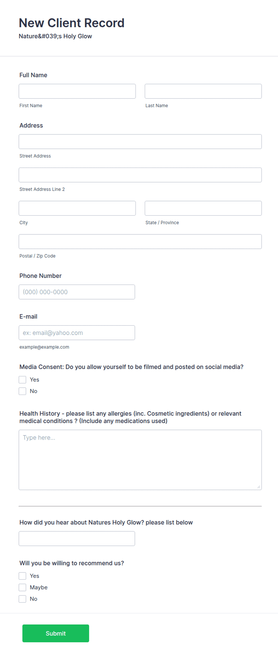 New Client Record Form Template | Jotform