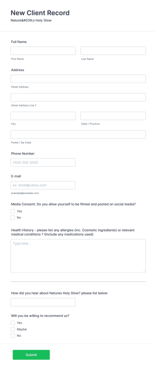 New Client Record Form Template