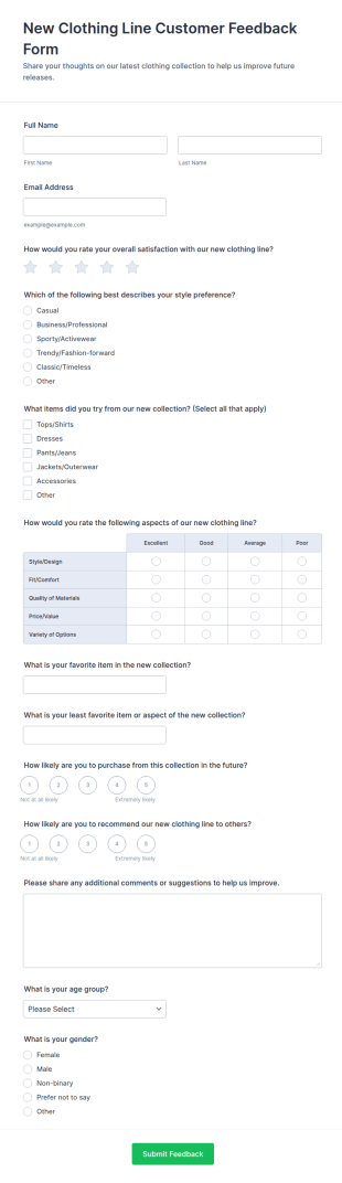 New Clothing Line Customer Feedback Form Template
