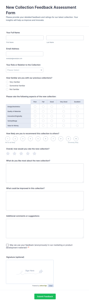 New Collection Feedback Assessment Form Template