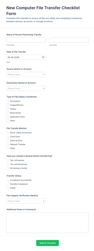 New Computer File Transfer Checklist Form Template