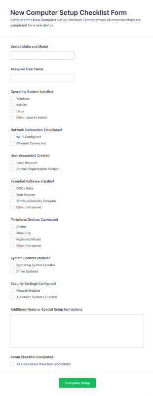New Computer Setup Checklist Form Template
