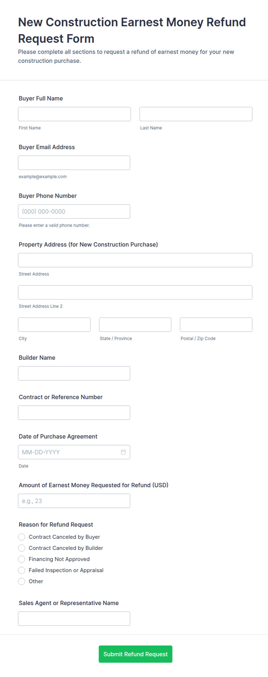 Construction Refund Form.pdf New Construction Earnest Money Refund Request Form Template | Jotform