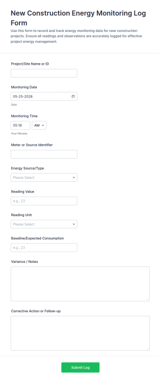 New Construction Energy Monitoring Log Form Template