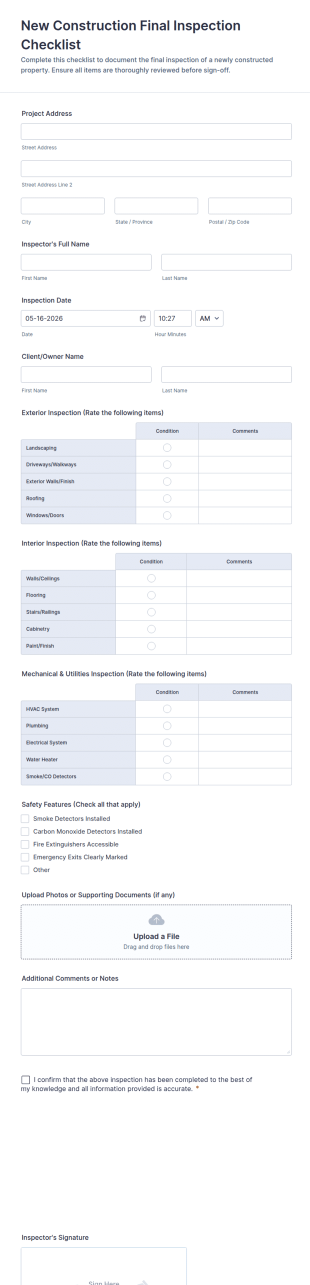 New Construction Final Inspection Checklist Form Template