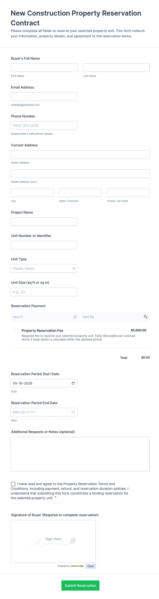 New Construction Property Reservation Contract Form Template
