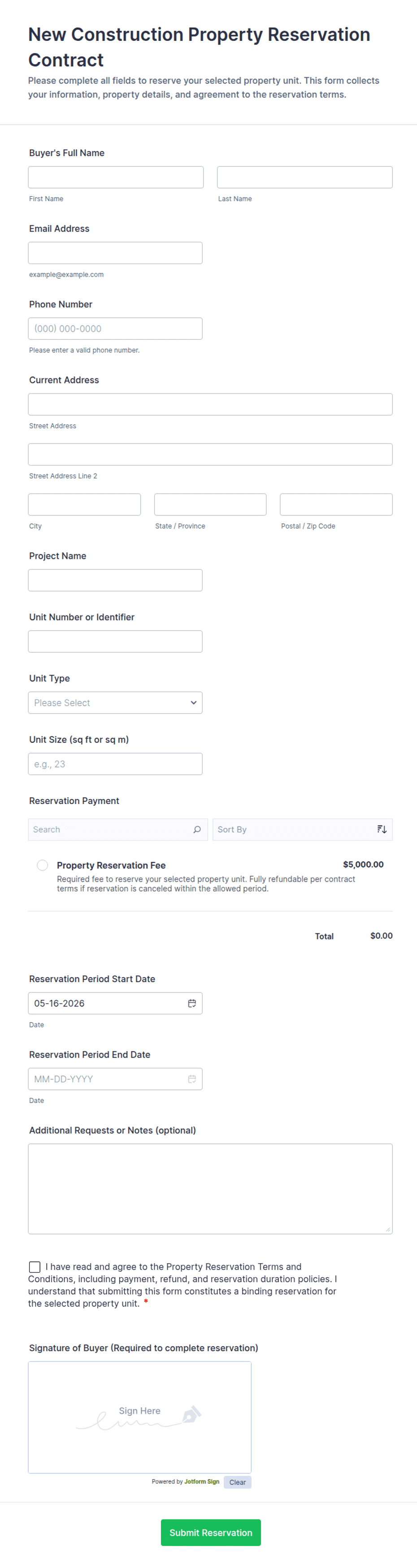 Plot Booking Form.pdf New Construction Property Reservation Contract Form Template | Jotform