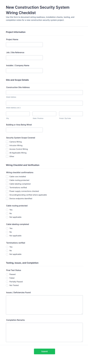 New Construction Security System Wiring Checklist Form Template