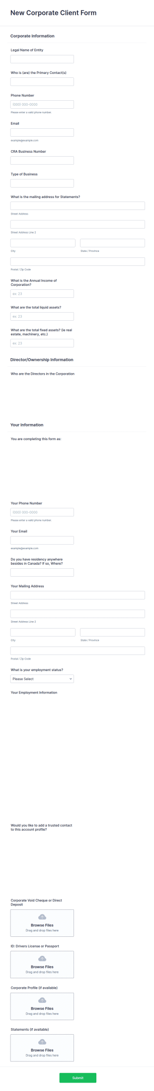 New Corporate Client Form Template