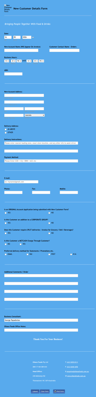 New Customer Details Form Oliana Foods