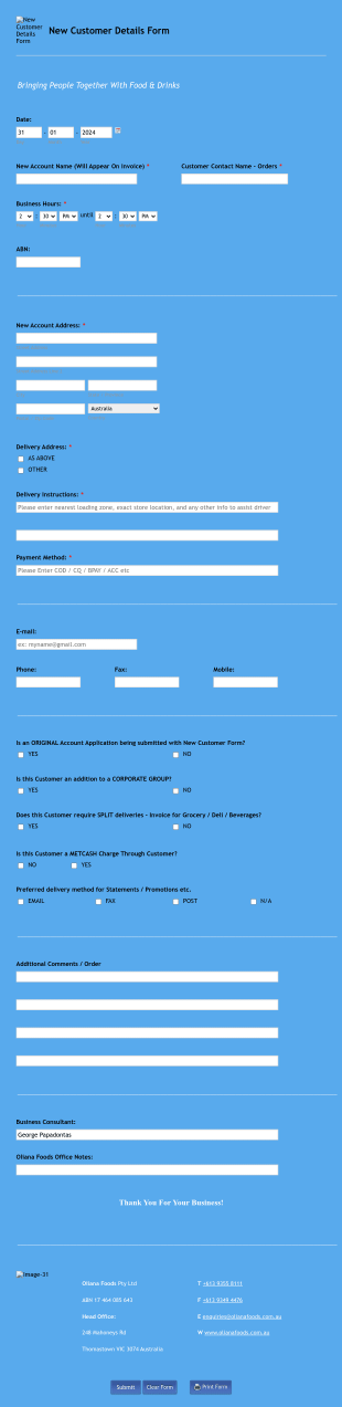New Customer Details Form Oliana Foods