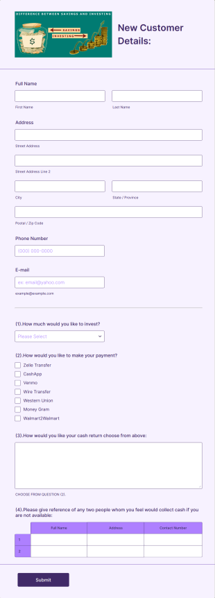 New Customer Investment Registration Form Template