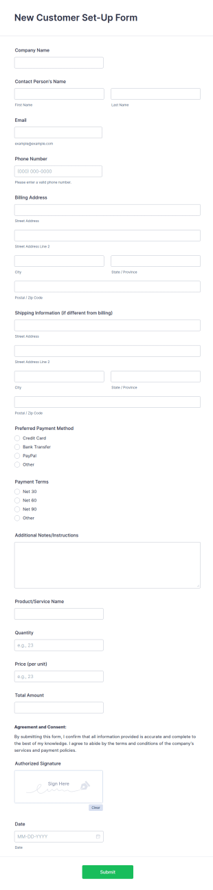New Customer Set Up Form Template