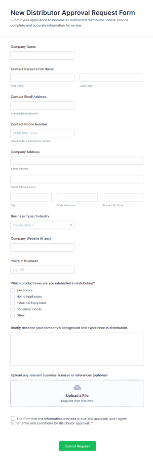 New Distributor Approval Request Form Template