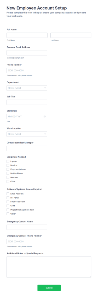New Employee Account Setup Form Template