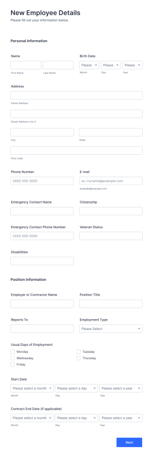 New Employee Details Form Template