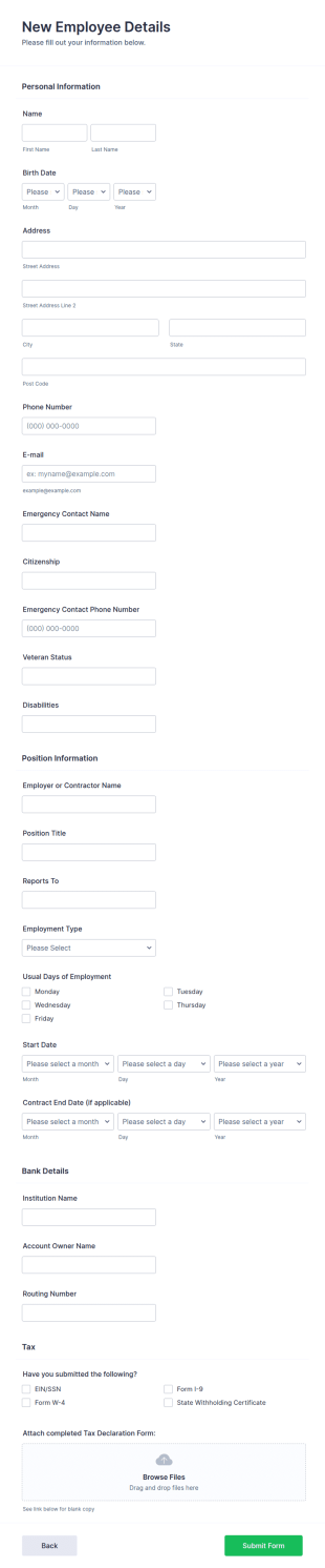 New Employee Details Form Template