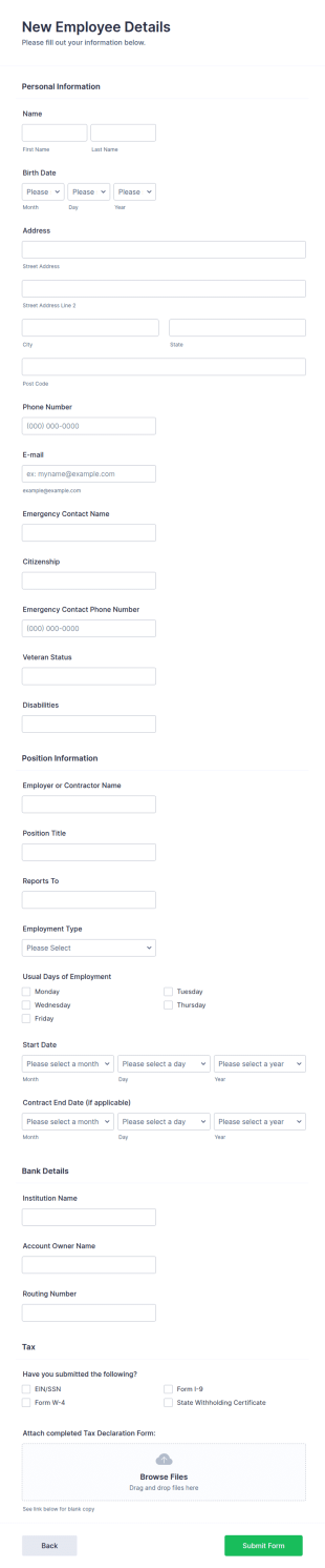 New Employee Details Form Template
