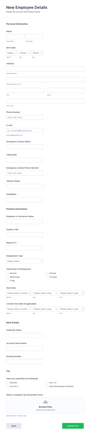 New Employee Details Form Template