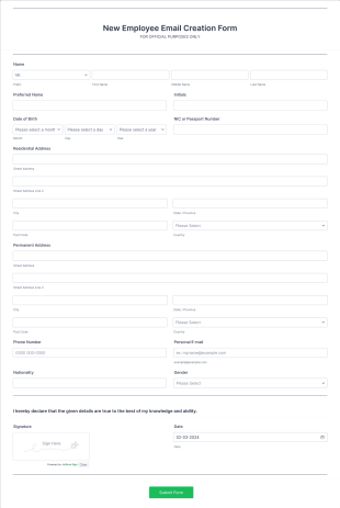 New Employee Email Creation Form Template