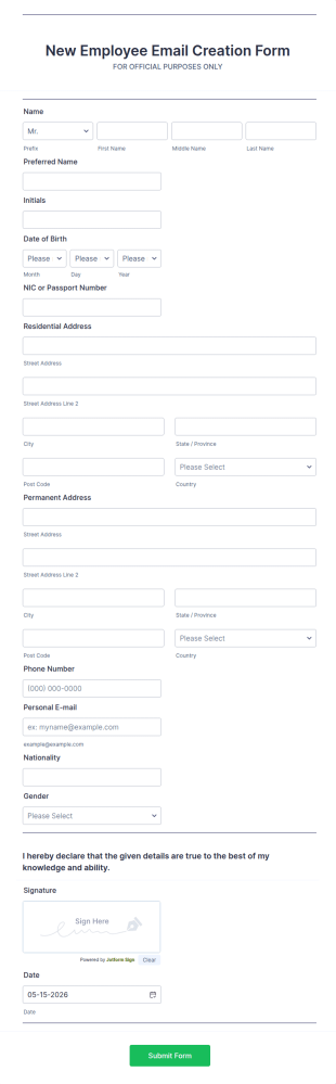 New Employee Email Creation Form Template