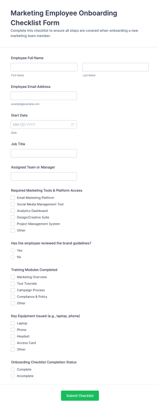 New Employee Onboarding Checklist Form Template
