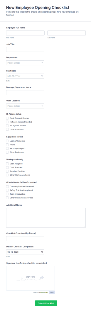New Employee Opening Checklist Form Template