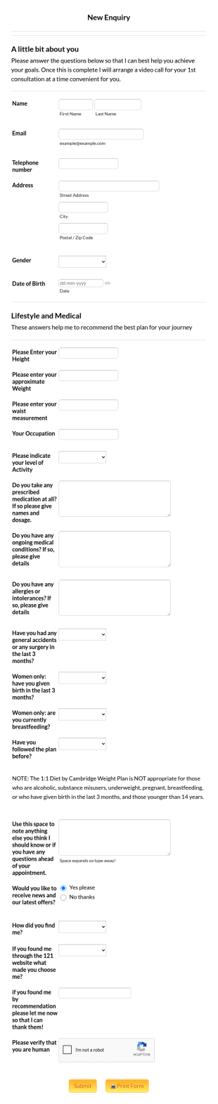 New Enquiry Form Template