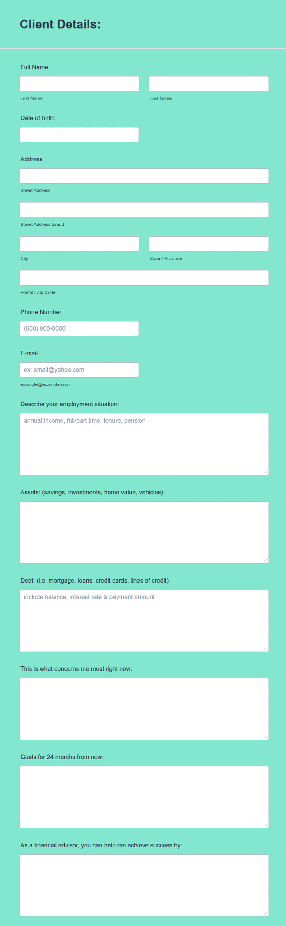 Finance Intake Form New Finance Client Intake Form Template | Jotform