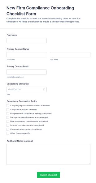 New Firm Compliance Onboarding Checklist Form Template