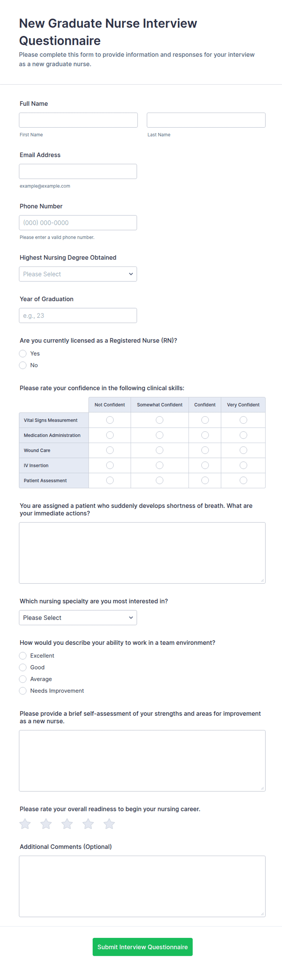 Graduation Questionnaire New Graduate Nurse Interview Questionnaire Form Template | Jotform