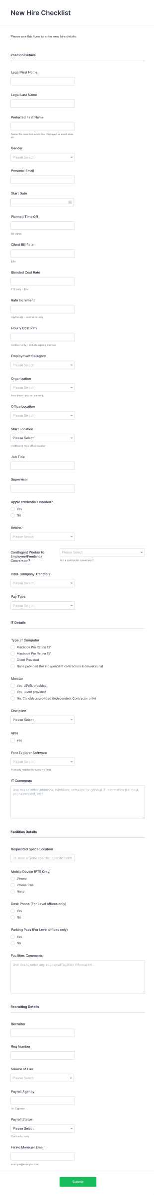 New Hire Checklist Form Template