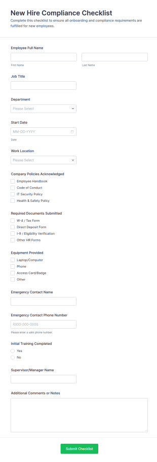 New Hire Compliance Checklist Form Template