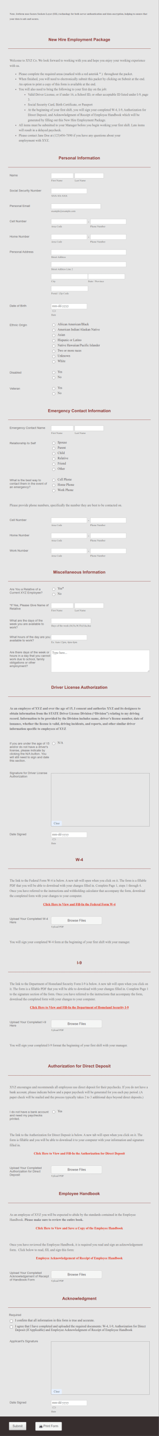 New Hire Employment Package Form Template