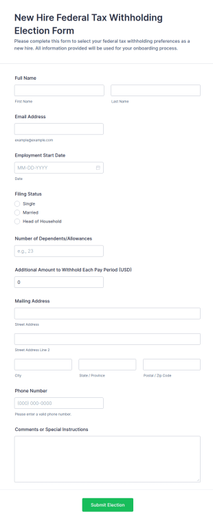 New Hire Federal Tax Withholding Election Form Template