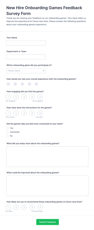 New Hire Onboarding Games Feedback Survey Form Template